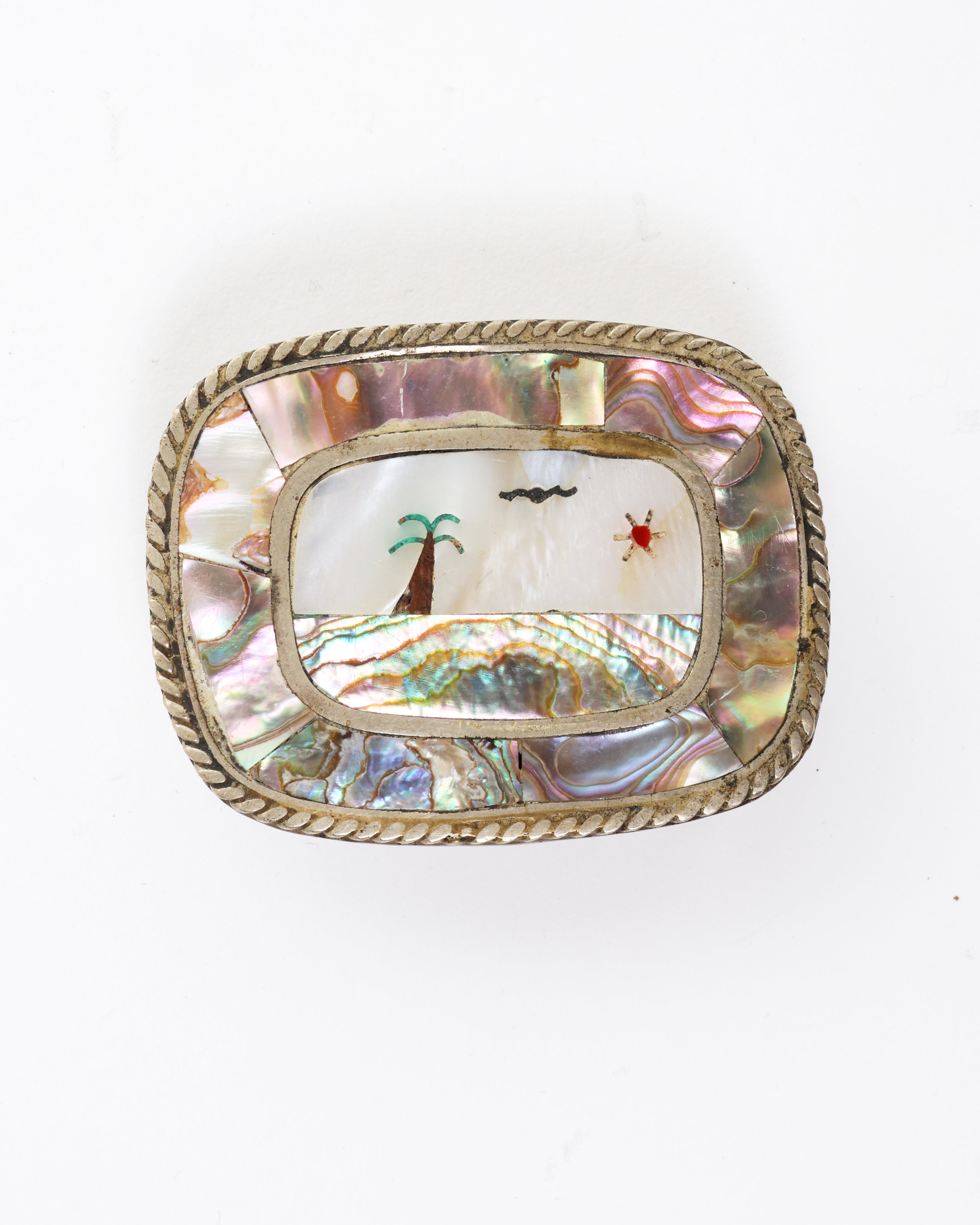 Vintage Mexico Belt Buckle Inlaid Abalone, Shell and Stone  display picture 1